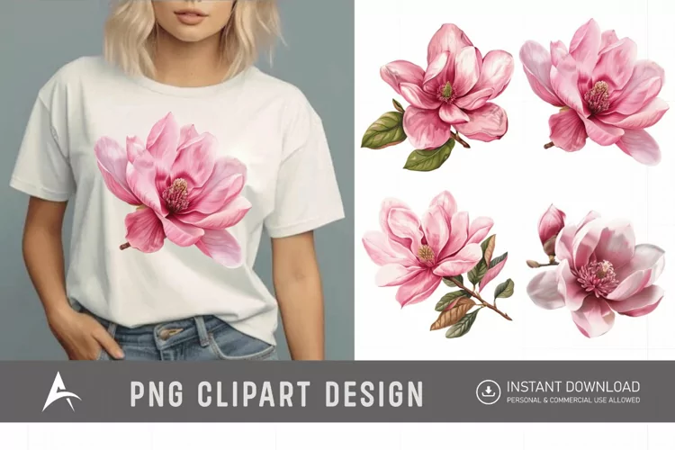 Watercolor Pink Magnolia Flower Clipart
