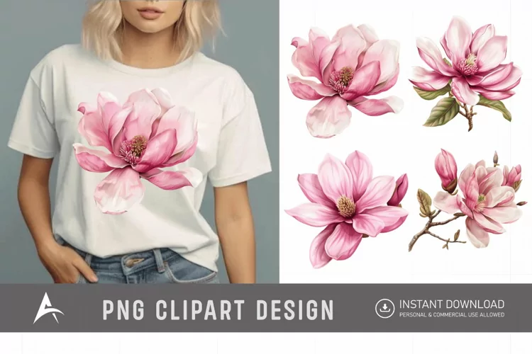 Watercolor Pink Magnolia Flower Clipart
