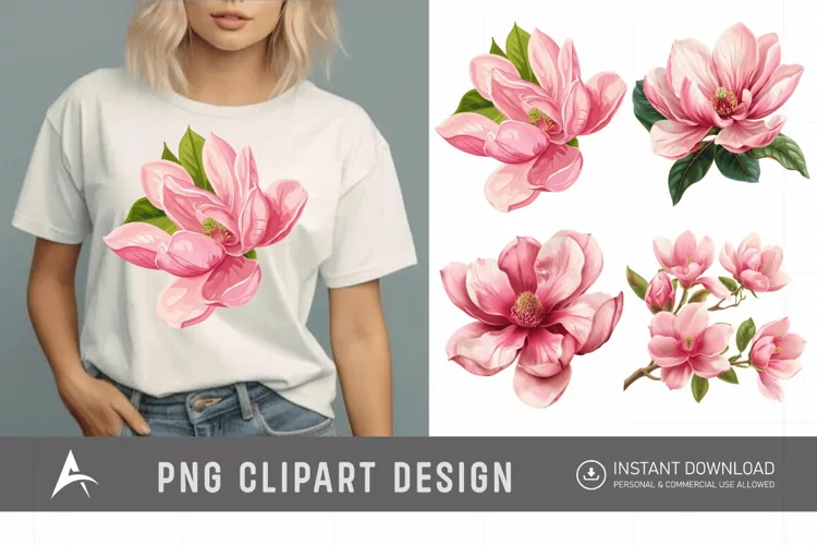 Watercolor Pink Magnolia Flower Clipart