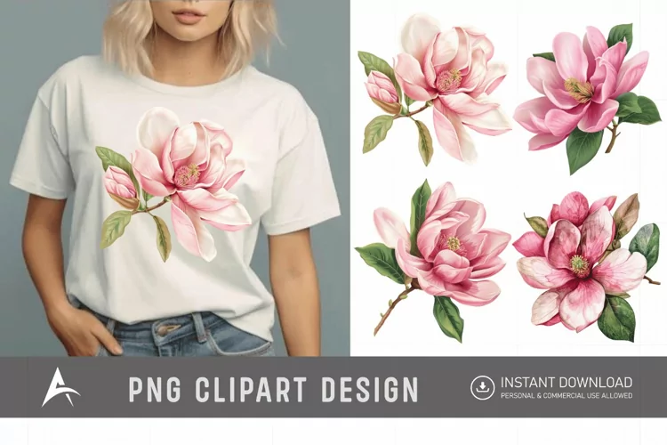 Watercolor Pink Magnolia Flower Clipart