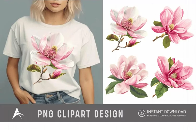 Watercolor Pink Magnolia Flower Clipart
