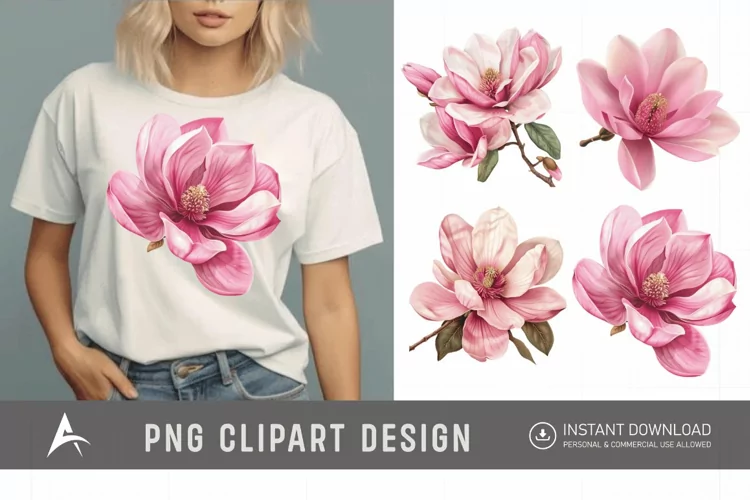 Watercolor Pink Magnolia Flower Clipart