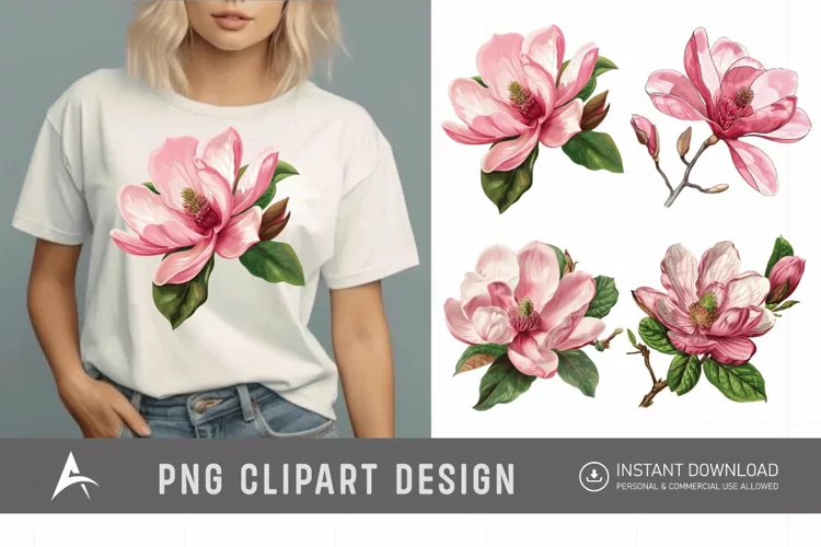 Watercolor Pink Magnolia Flower Clipart