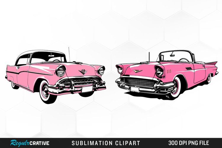 Watercolor Pink Retro Car PNG Set Clipart