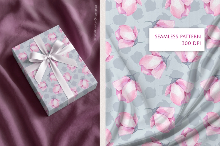 Watercolor Pink Rose Buds Seamless Pattern