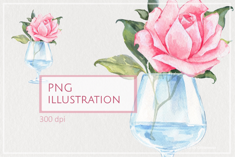 Watercolor Pink Rose in Glass Botanical PNG