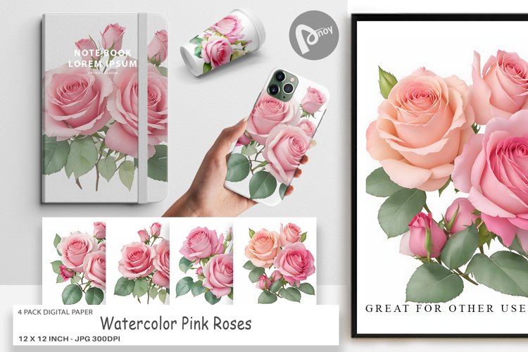 Digital Paper Watercolor Pink Roses example image 1