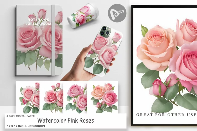 Digital Paper Watercolor Pink Roses