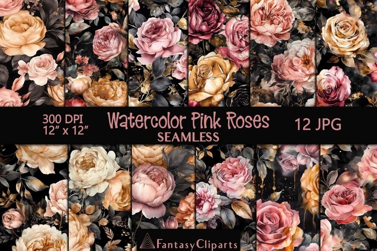 Hand drawn Watercolor Gothic Pink Roses And Peonies