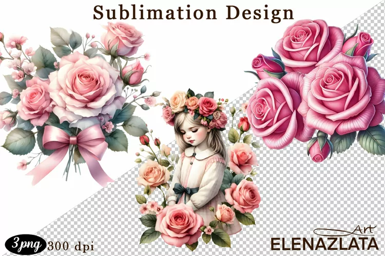 Watercolor pink roses flower Clipart. sublimation