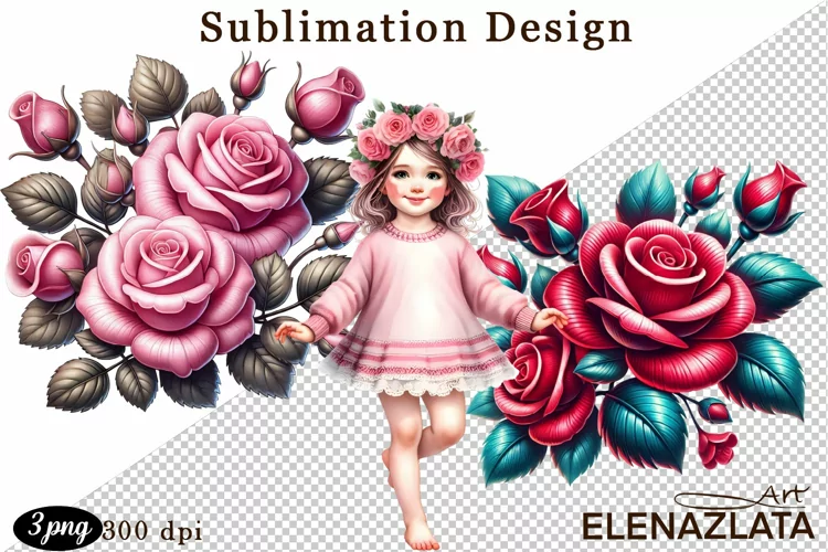 Watercolor pink roses flower Clipart. sublimation