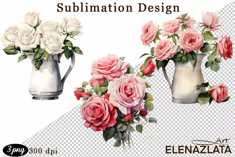 Watercolor pink roses flower Clipart. sublimation