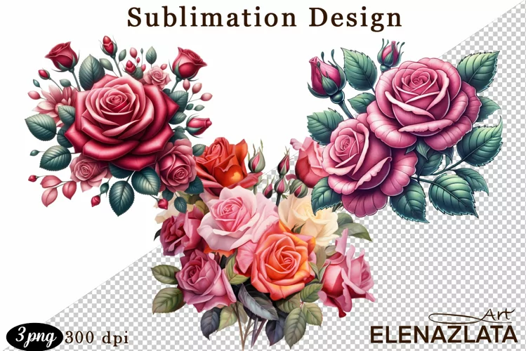 Watercolor pink roses flower Clipart. sublimation