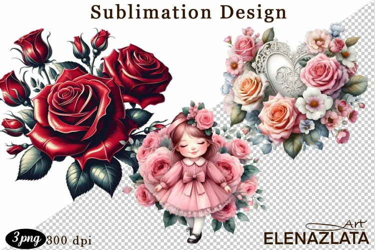 Watercolor pink roses flower Clipart. sublimation