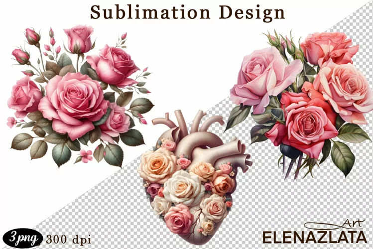 Watercolor pink roses flower Clipart. sublimation