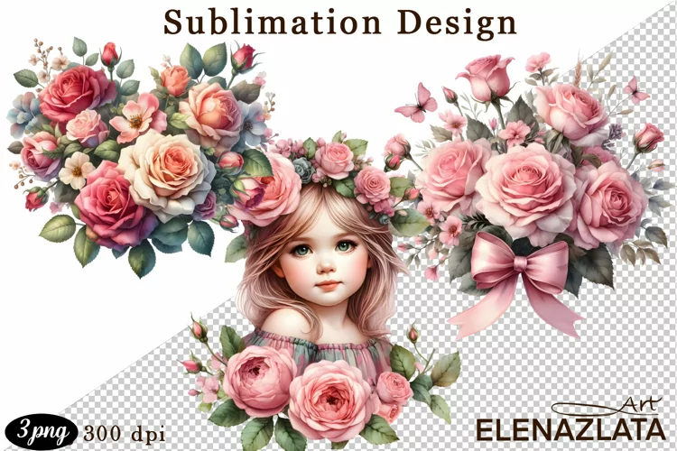 Watercolor pink roses flower Clipart. sublimation