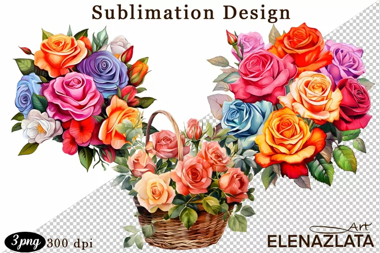 Watercolor pink roses flower Clipart. sublimation