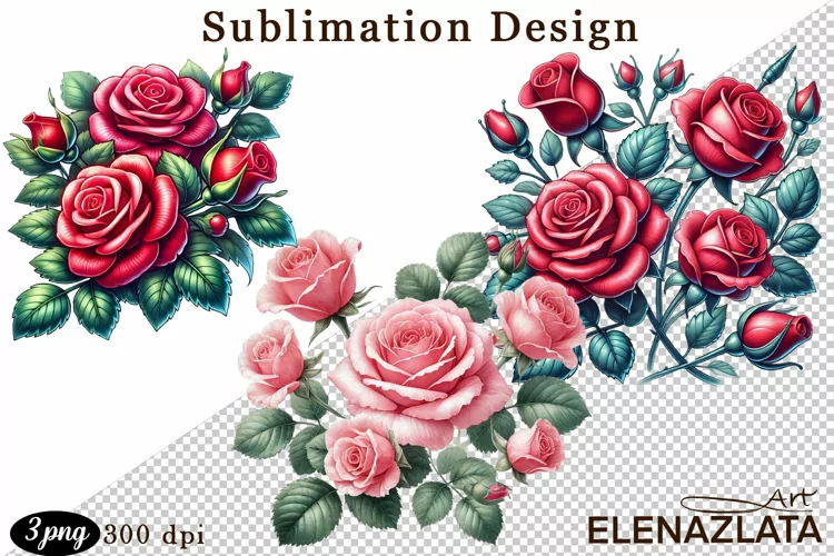 Watercolor pink roses flower Clipart. sublimation