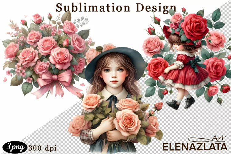 Watercolor pink roses flower Clipart. sublimation