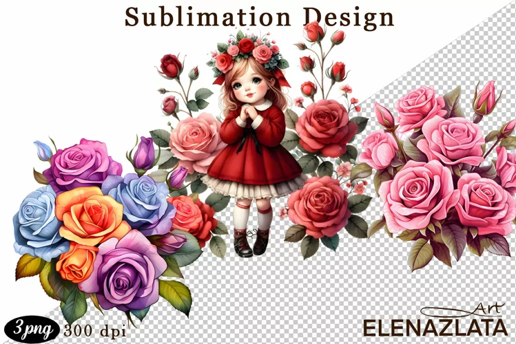Watercolor pink roses flower Clipart. sublimation