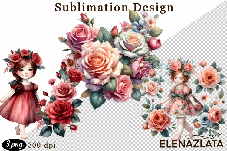 Watercolor pink roses flower Clipart. sublimation