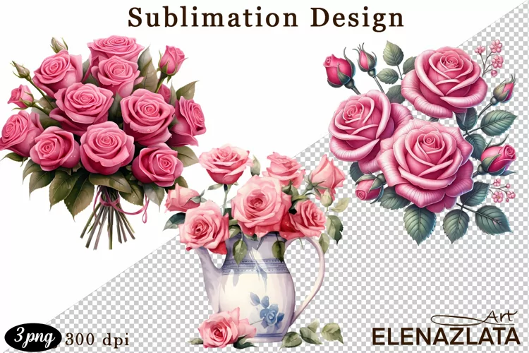 Watercolor pink roses flower Clipart. sublimation