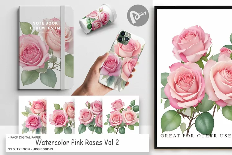 Digital Paper Watercolor Pink Roses