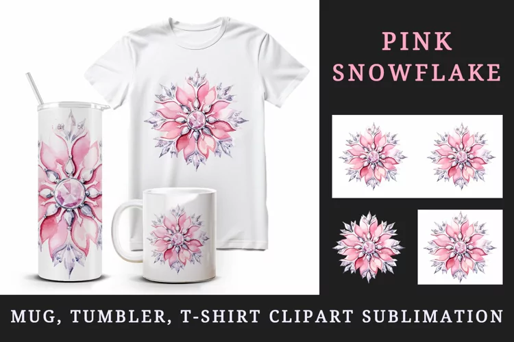 Pink snowflake tumbler, mug wrap, clipart sublimation design