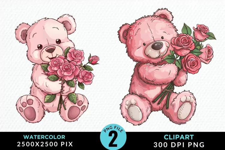 Watercolor Pink Teddy Bear Art Clipart