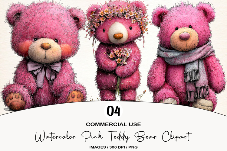 Watercolor Pink Teddy Bear Clipart