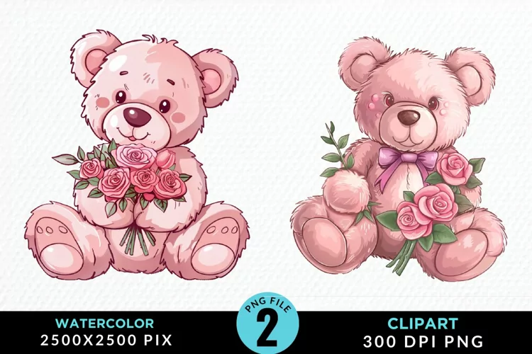 Watercolor Pink Teddy Bear Art Clipart
