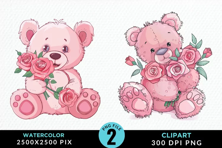Watercolor Pink Teddy Bear Art Clipart