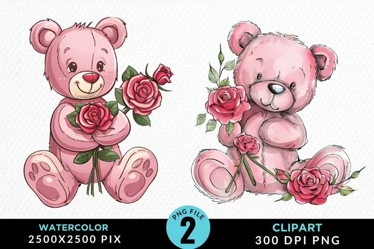 Watercolor Pink Teddy Bear Art Clipart