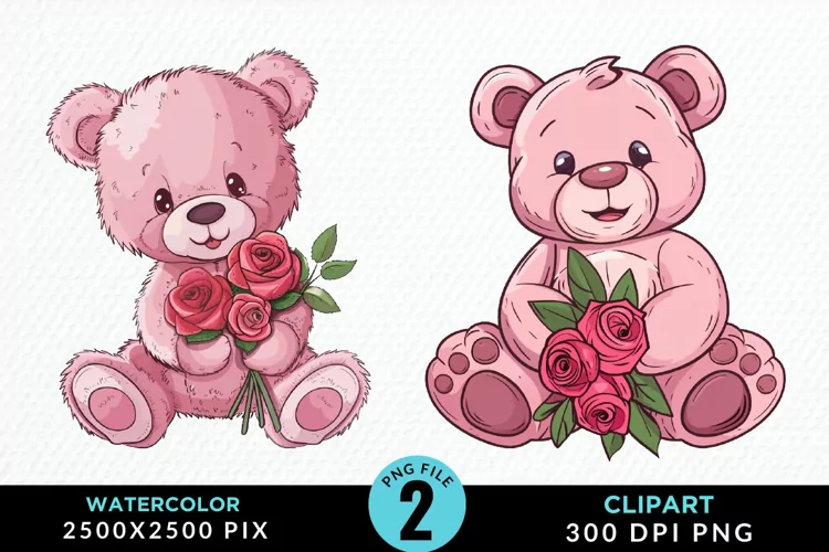 Watercolor Pink Teddy Bear PNG Clipart