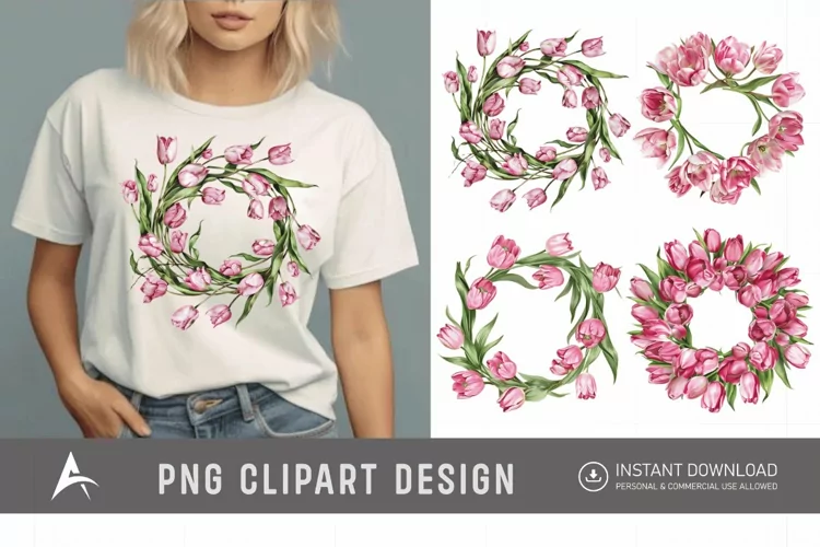 Watercolor Pink Tulip Wreaths Clipart