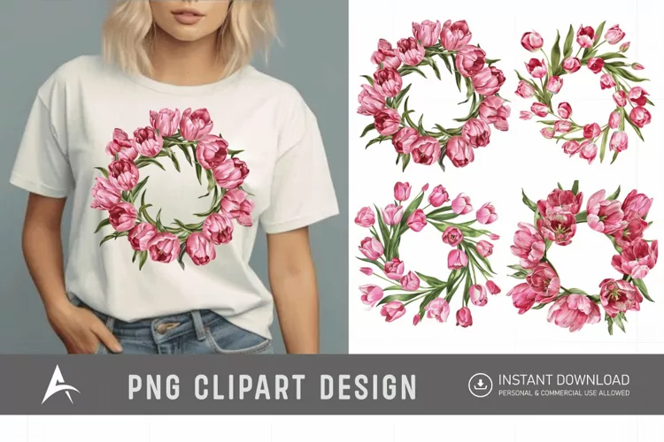 Watercolor Pink Tulip Wreaths Clipart
