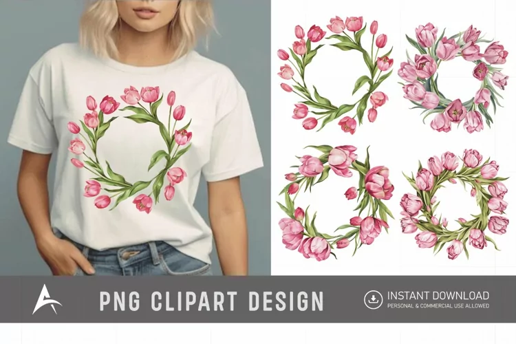 Watercolor Pink Tulip Wreaths Clipart