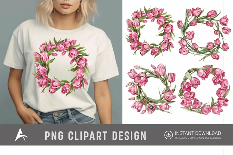Watercolor Pink Tulip Wreaths Clipart