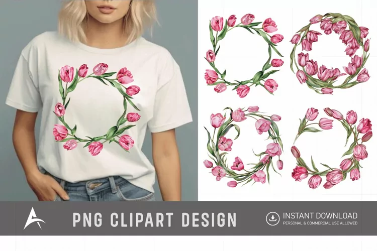 Watercolor Pink Tulip Wreaths Clipart