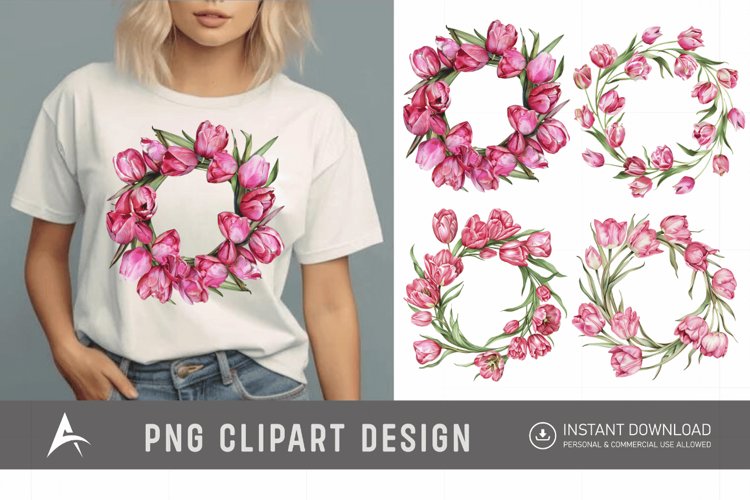 Watercolor Pink Tulip Wreaths Clipart