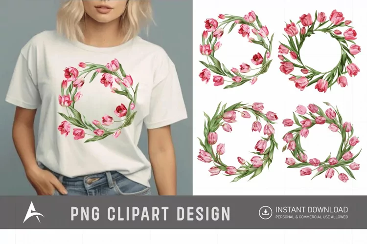 Watercolor Pink Tulip Wreaths Clipart