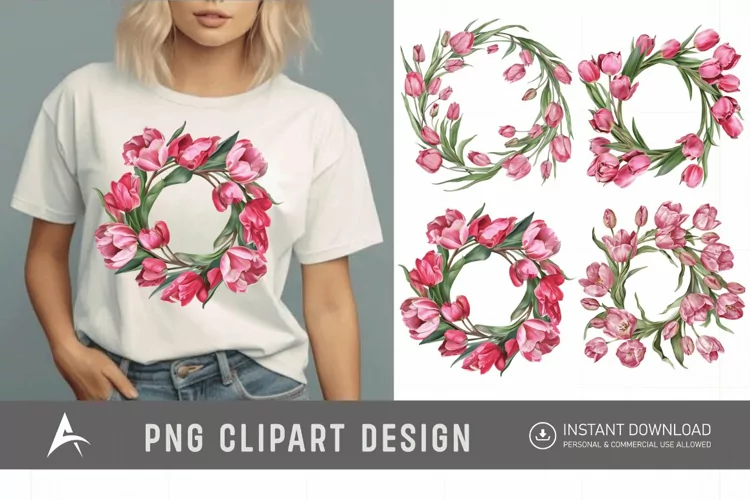 Watercolor Pink Tulip Wreaths Clipart