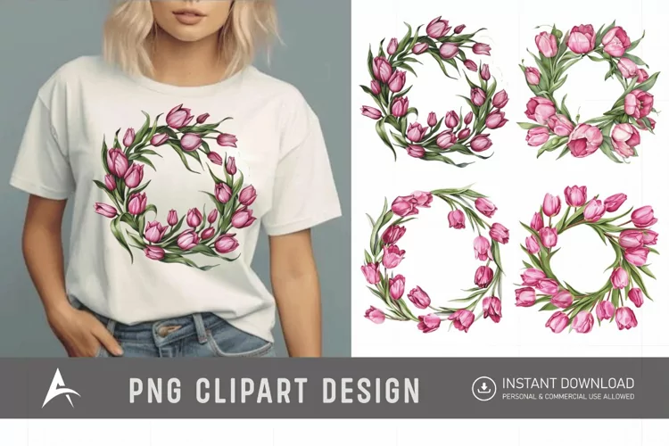 Watercolor Pink Tulip Wreaths Clipart