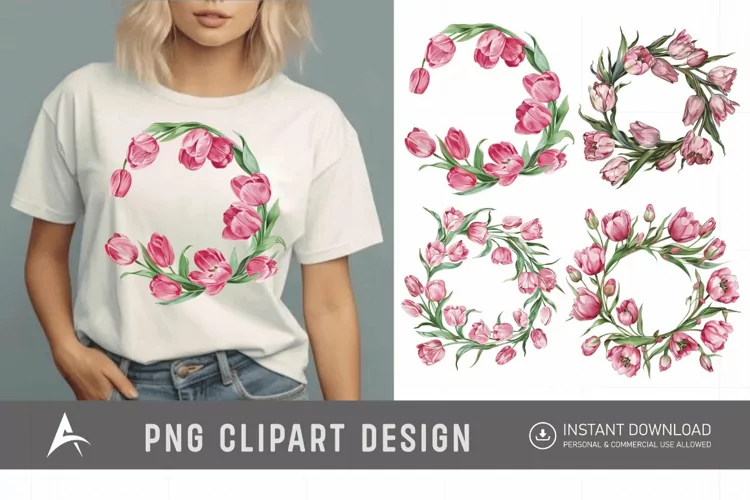 Watercolor Pink Tulip Wreaths Clipart