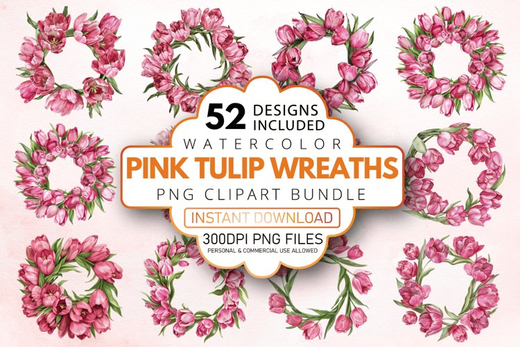 Watercolor Pink Tulip Wreaths Clipart Bundle
