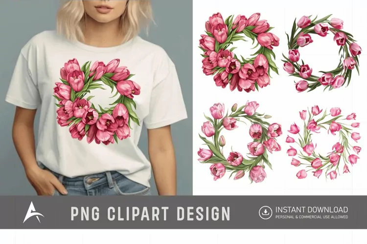 Watercolor Pink Tulip Wreaths Clipart