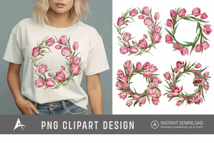 Watercolor Pink Tulip Wreaths Clipart