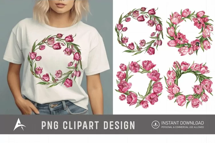 Watercolor Pink Tulip Wreaths Clipart
