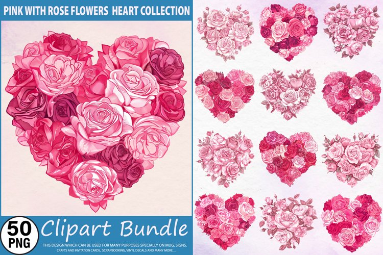 Watercolor Pink With Rose Flowers Heart Clipart Bundle example image 1