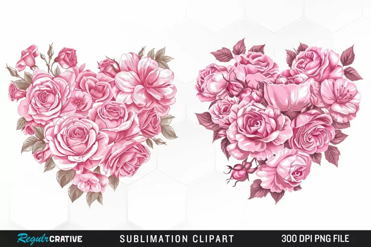 Watercolor Pink With Rose Flowers Heart Clipart
